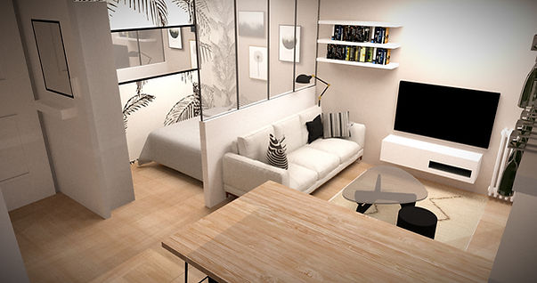 Une chambre indépendante avec placard, un espace salon/TV/Chambre d'amis avec vue sur les montagnes, une cuisine fonctionnelle et moderne avec un grand ilot/espace de travail. Le secret: des zones multifonctions et la modularité