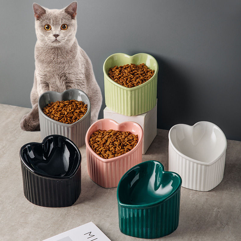 Slanted Ceramic Cat Bowl with Stand - Anti-Tip Elevated Cat Food Dish for Neck P