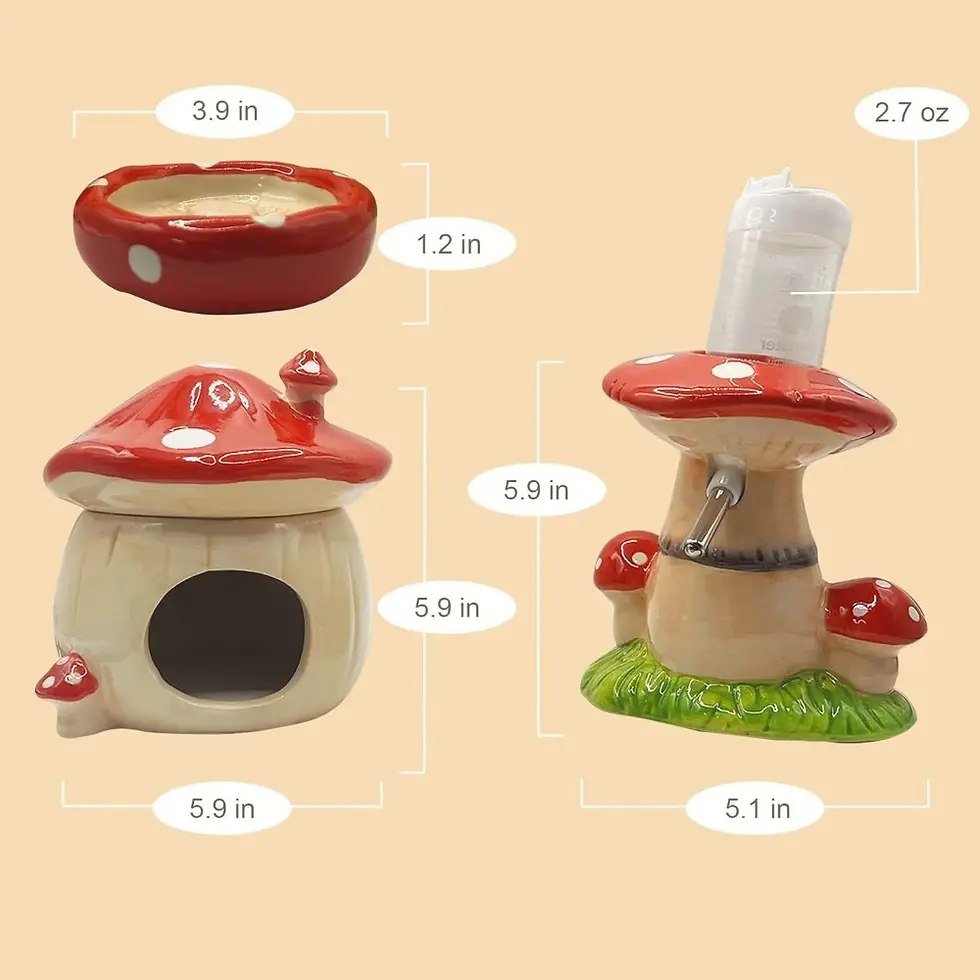 Thumbnail: Mushroom Ceramic Hamster Hideout Water Bottle with Stand Food Bowl Hamster Acces