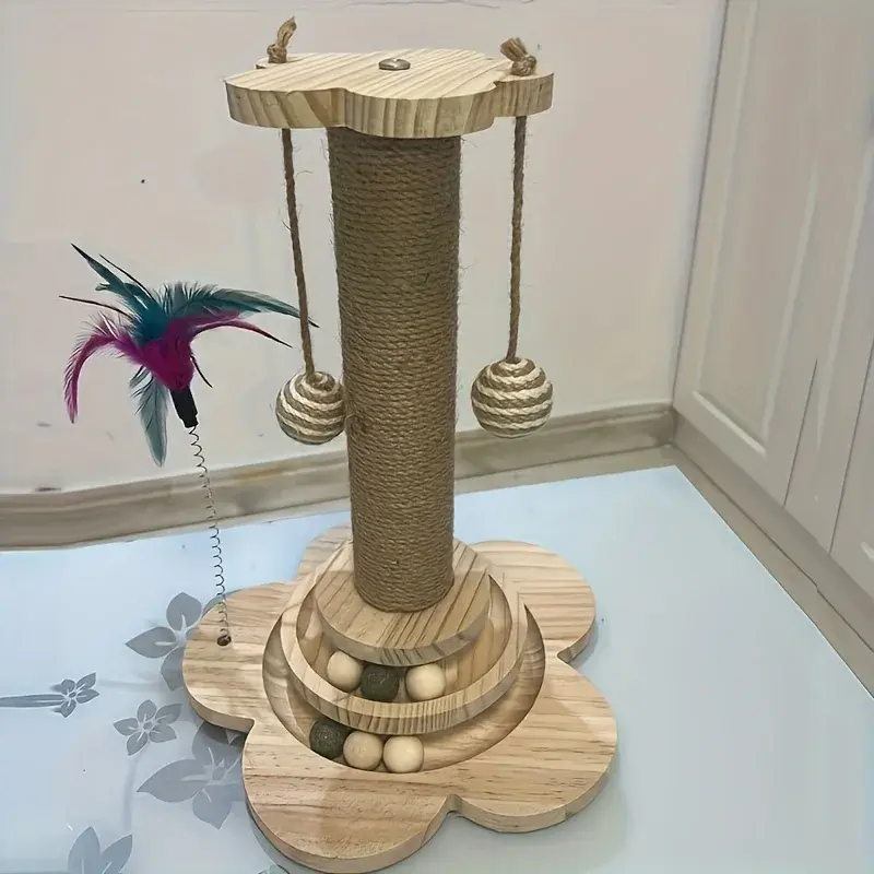 Solid Wood Cat Turntable Cat Scratching Post, Cat Teaser Stick, Cat Scratching B
