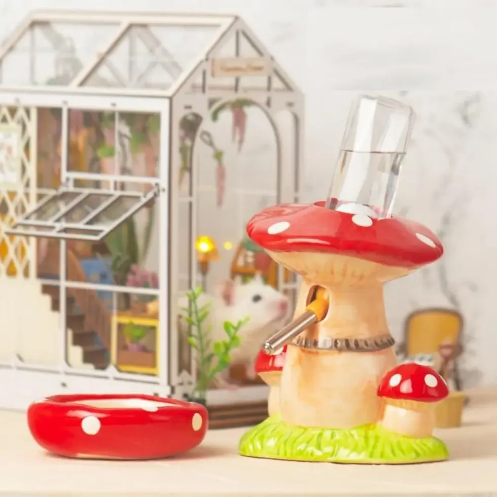 Thumbnail: Mushroom Ceramic Hamster Hideout Water Bottle with Stand Food Bowl Hamster Acces