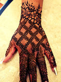 This is a photo of a henna design on the back of the hand with flowers, vines, and gridwork. This is a traditional design.