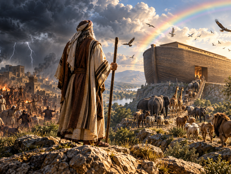 Noah standing before the ark with animals walking into the art clouds over head