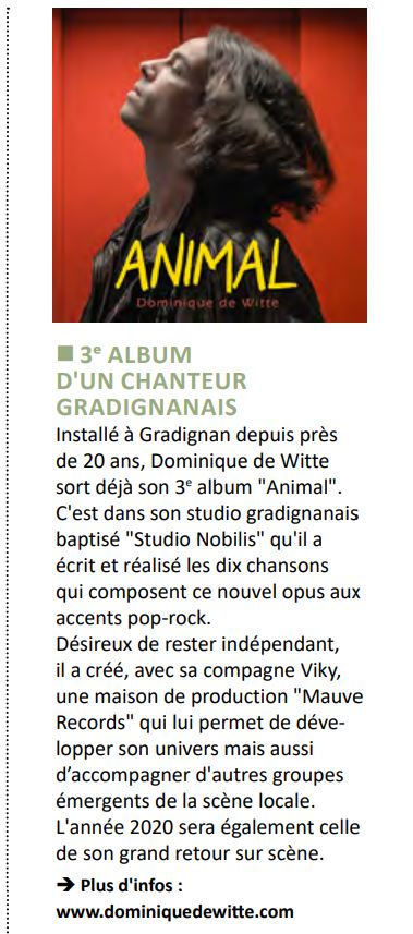 Dominique de Witte - Ensemble Gradignan - Publication municipale - Presse - 3e album ANIMAL - 3 Décembre 2019