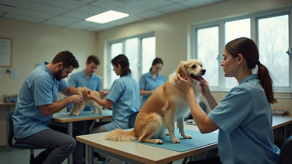 High angle view of classroom with students practicing dog grooming