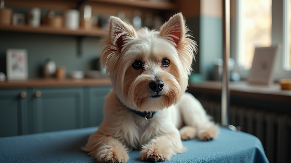 Close-up view of a well-groomed dog on a grooming table