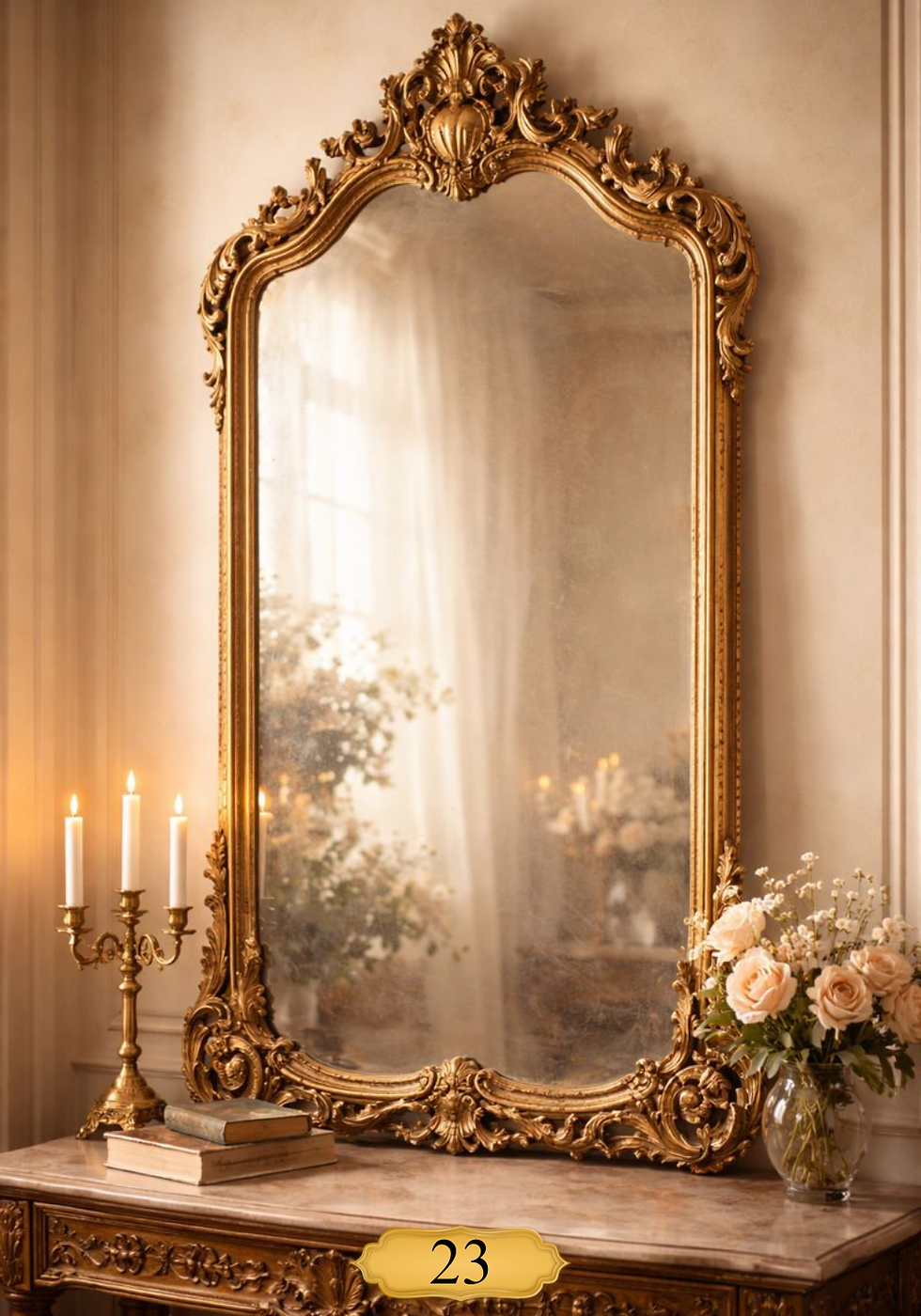 Ornate gold-framed mirror above a carved dresser with lit candles, books, and roses in a vase; warm, elegant room, 23 on plaque. From the Messages From Spirit Oracle Cards deck.