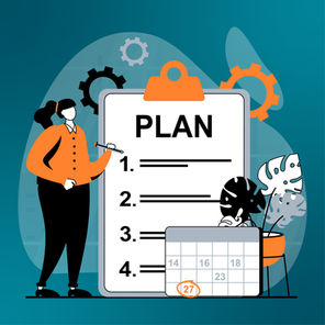 Cartoon person pointing to clipboard with numbered list, calendar and potted monstera plant beside them