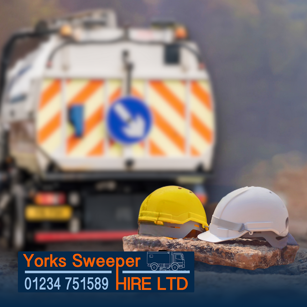 Street sweeper with bright striped back, two hard hats on bricks. Text: Yorks Sweeper Hire Ltd, 01234 751589. Professional setting.
