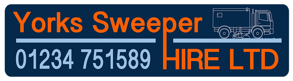 Navy blue background with orange text: Yorks Sweeper HIRE LTD. Light blue phone number: 01234 751589. Outline of a sweeper truck. Road sweeper Logo.