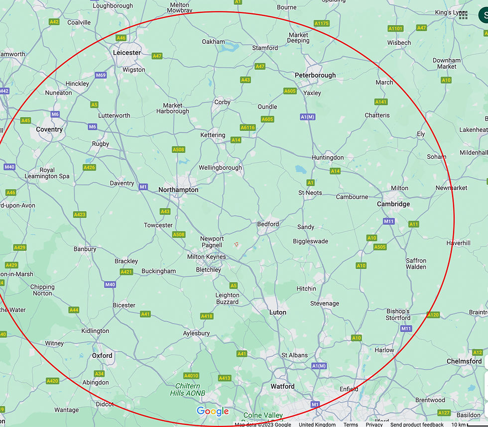 Road Sweeper Map highlighting UK cities within a red circular boundary, including Oxford, Cambridge, and Leicester. Green landscape with road labels. Yorks Sweeper Hire Ltd