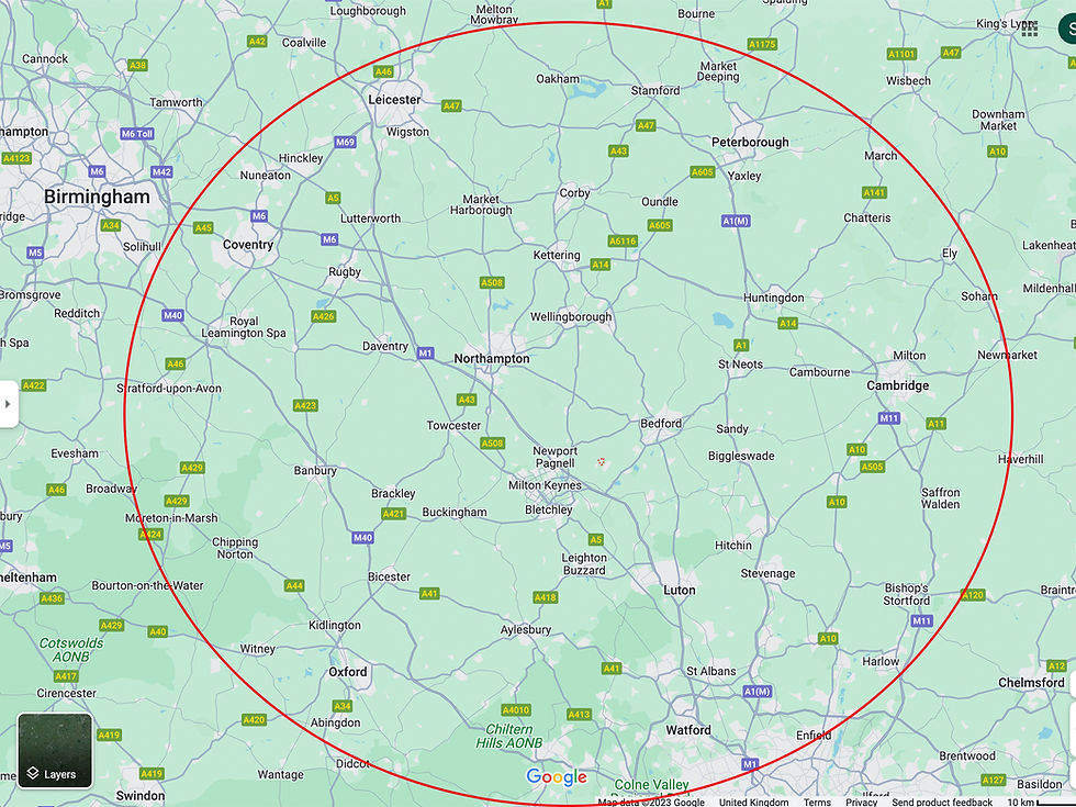 Map showing a red circular outline encompassing Birmingham, Leicester, Peterborough, Cambridge, Oxford, and Luton. Roads and towns labeled.