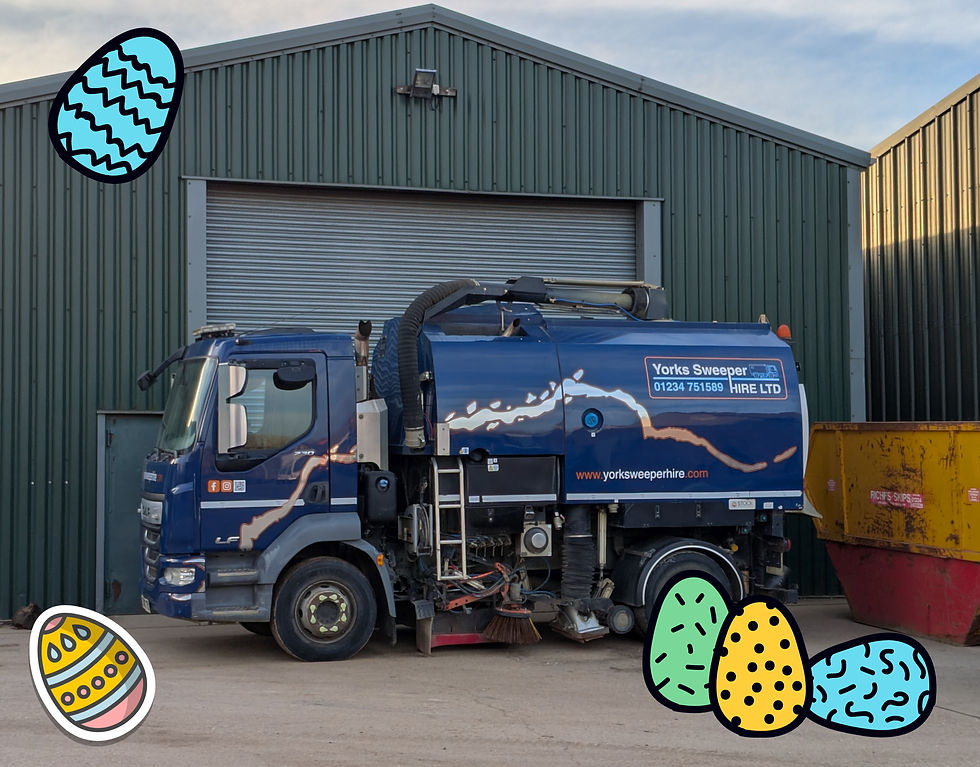 Blue Road sweeper truck parked beside green warehouse, surrounded by illustrated Easter eggs. Sunny day, yellow dumpster in the background.