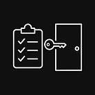 Minimalist white line pictogram on black background of rental inventory a clipboard with a