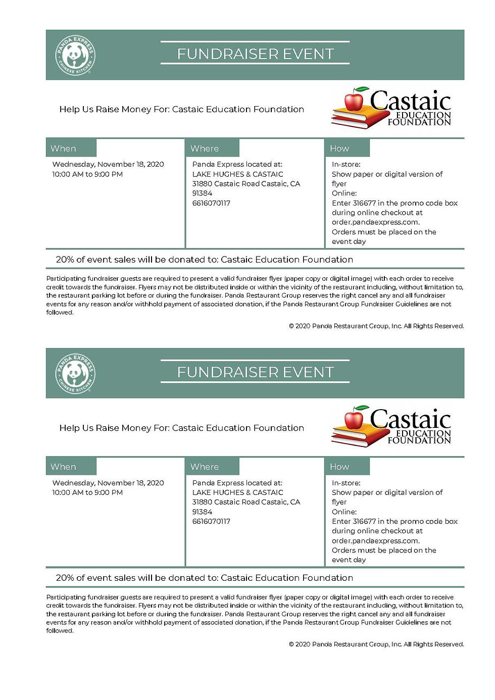 Panda Express Restaurant Night Fundraiser