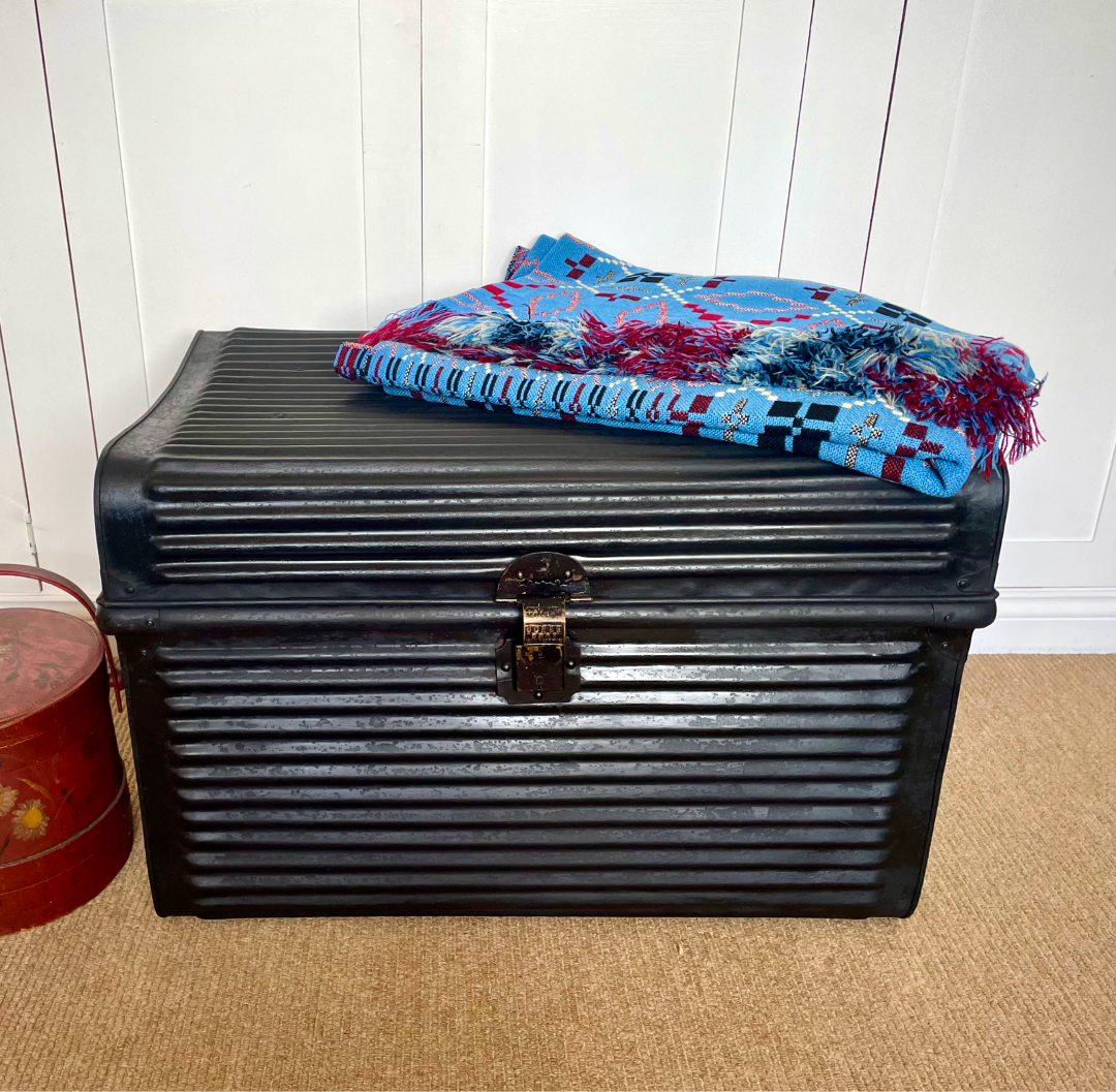 Large Antique Metal Travel Trunk