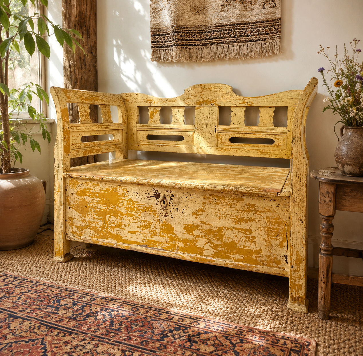 Antique Hungarian Bench in Original Distressed Paint