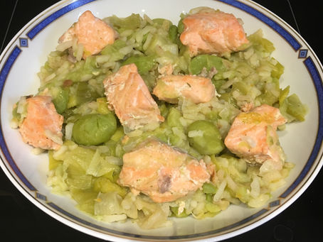 Risotto saumon/poireaux/fèves