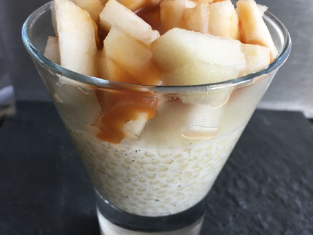 Perles du Japon, poire, caramel beurre salé