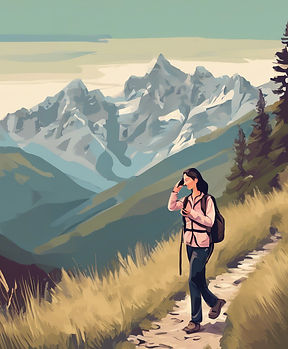 a woman on a hiking path to mountains talking on her cell phone .jpg