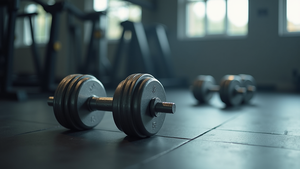 Close-up view of light dumbbells on a gym floor ready for use
