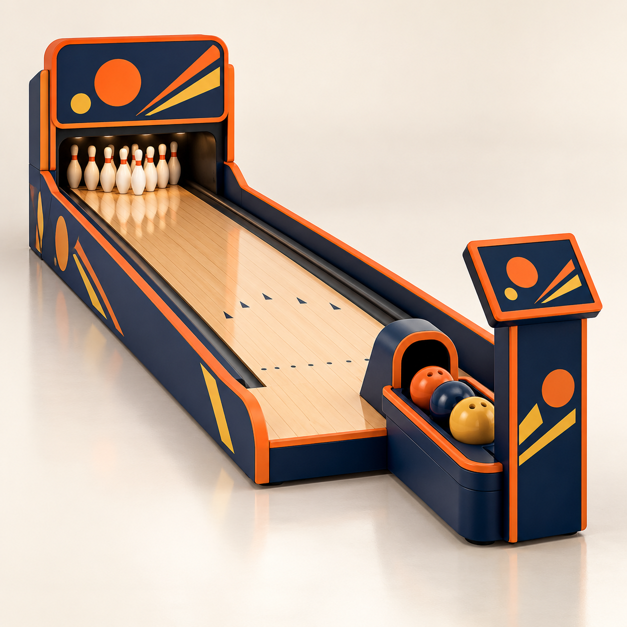 AI-generated illustration of a compact navy and orange mini-bowling lane with a pin deck and ball-return concept. Not an exact product model.