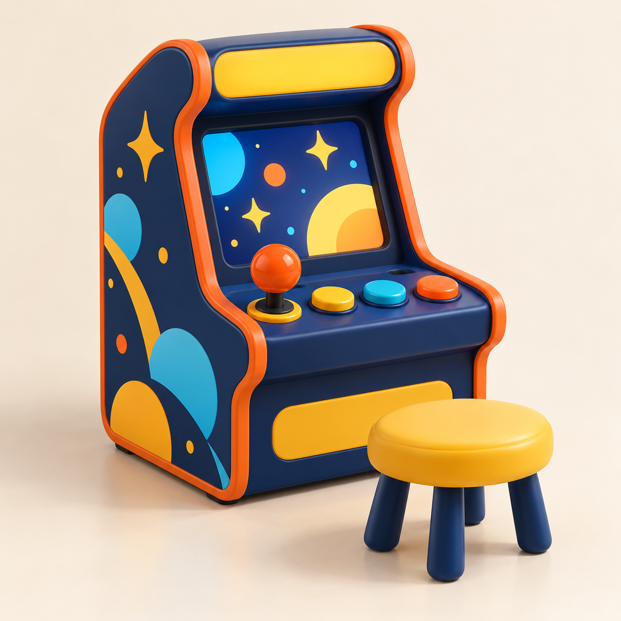 AI-generated illustration of a small rounded arcade cabinet and stool layout. Generic concept, not an exact product; no people depicted.