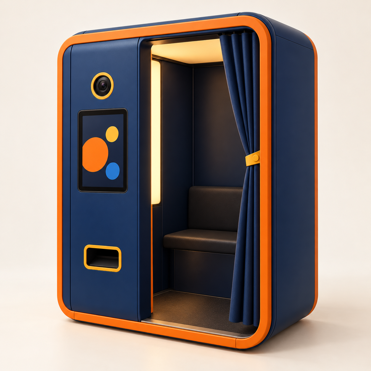 AI-generated illustration of an unoccupied empty self-service photo-booth layout. Generic concept, not an exact product.
