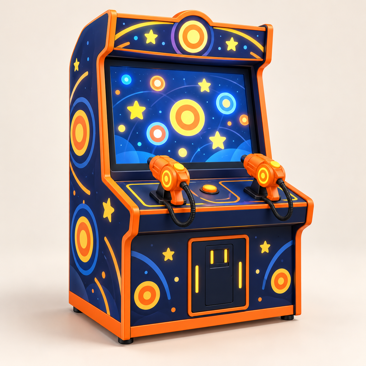 AI-generated illustration of an unoccupied arcade target-game cabinet with toy-like controllers. Generic concept, not an exact product.
