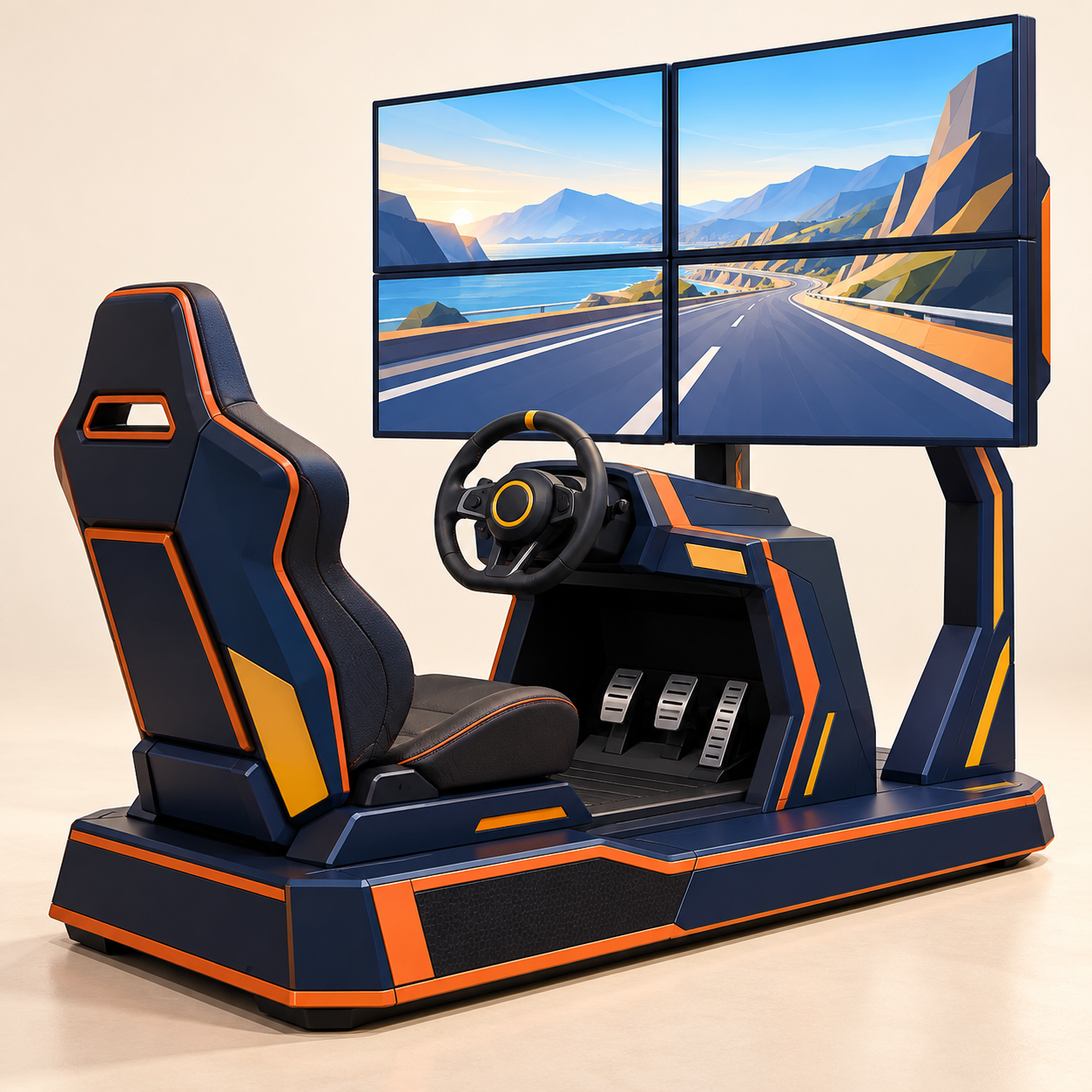 AI-generated illustration of one unoccupied driving station with four displays. Generic layout concept, not an actual model or technical specification.