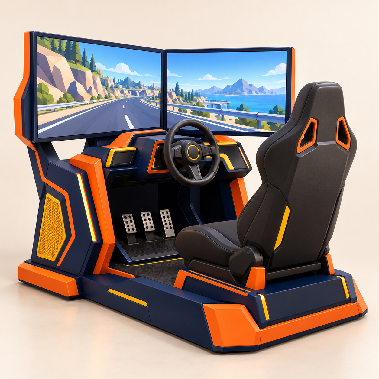 AI-generated illustration of an unoccupied driving station with two displays. Illustrative layout, not an actual model or technical specification.