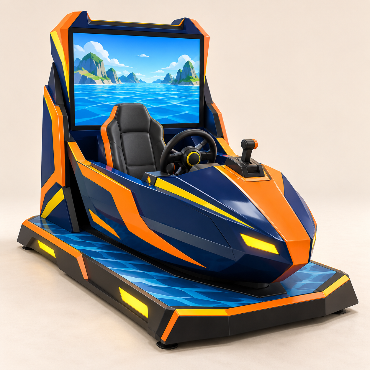 AI-generated illustration of an unoccupied boat-themed arcade layout. Generic concept, not an exact product.