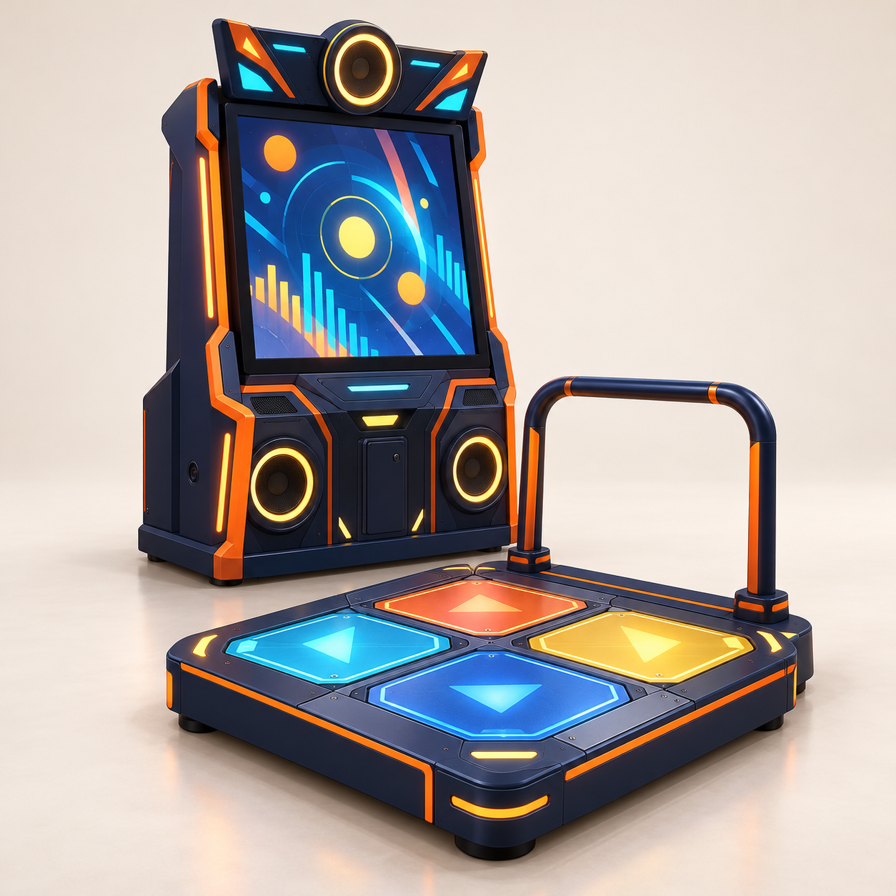 AI-generated illustration of an unoccupied rhythm-game cabinet and dance-pad layout. Generic concept, not an exact product.