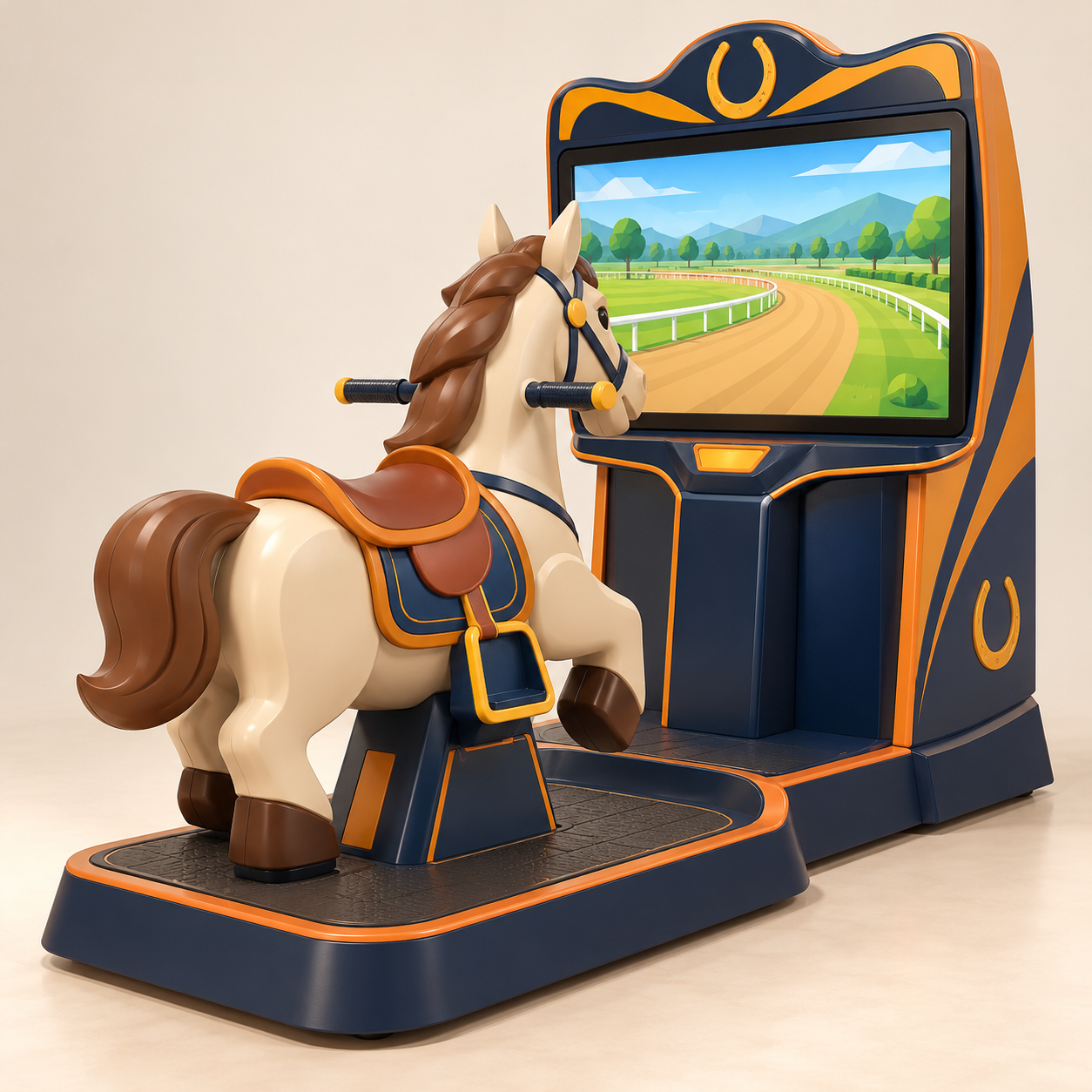AI-generated illustration of an unoccupied horse-themed arcade layout. Generic concept, not an exact product.