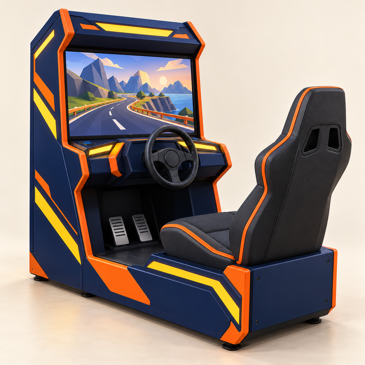 AI-generated illustration of an unoccupied navy and orange seated driving arcade station with one screen and steering wheel. Shared family concept, not an exact product model.