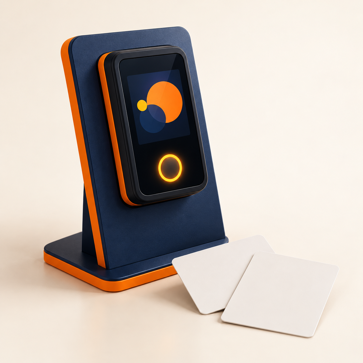 AI-generated illustration of an unoccupied generic arcade card reader and blank cards. Generic concept, not an exact product.