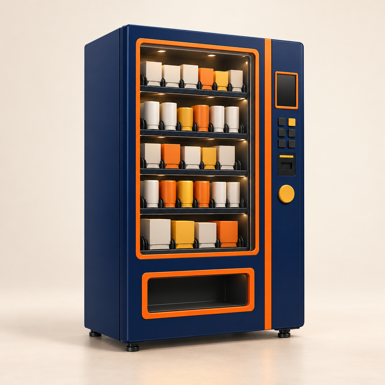 AI-generated illustration of an unoccupied generic vending cabinet with unbranded packages. Generic concept, not an exact product.