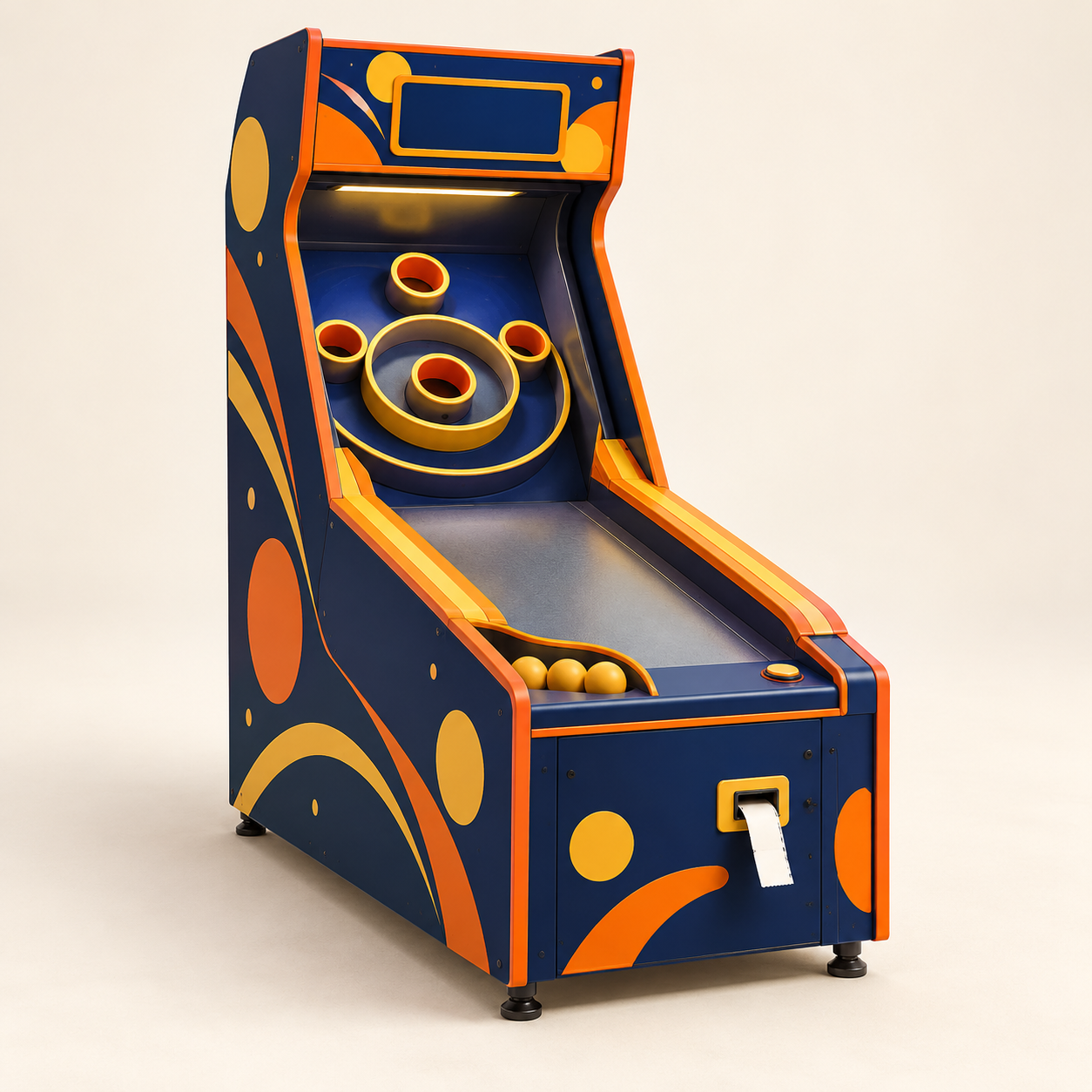 AI-generated illustration of a generic ball-rolling arcade skill-game layout. Generic concept, not an exact product; no people depicted.