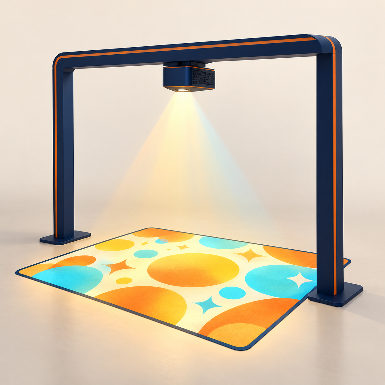 AI-generated illustration of an unoccupied empty floor-projection layout with abstract geometric light patterns. Generic concept, not an exact product.