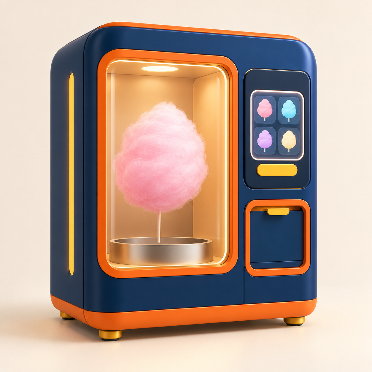 AI-generated illustration of an unoccupied generic cotton-candy vending kiosk concept. Generic concept, not an exact product.