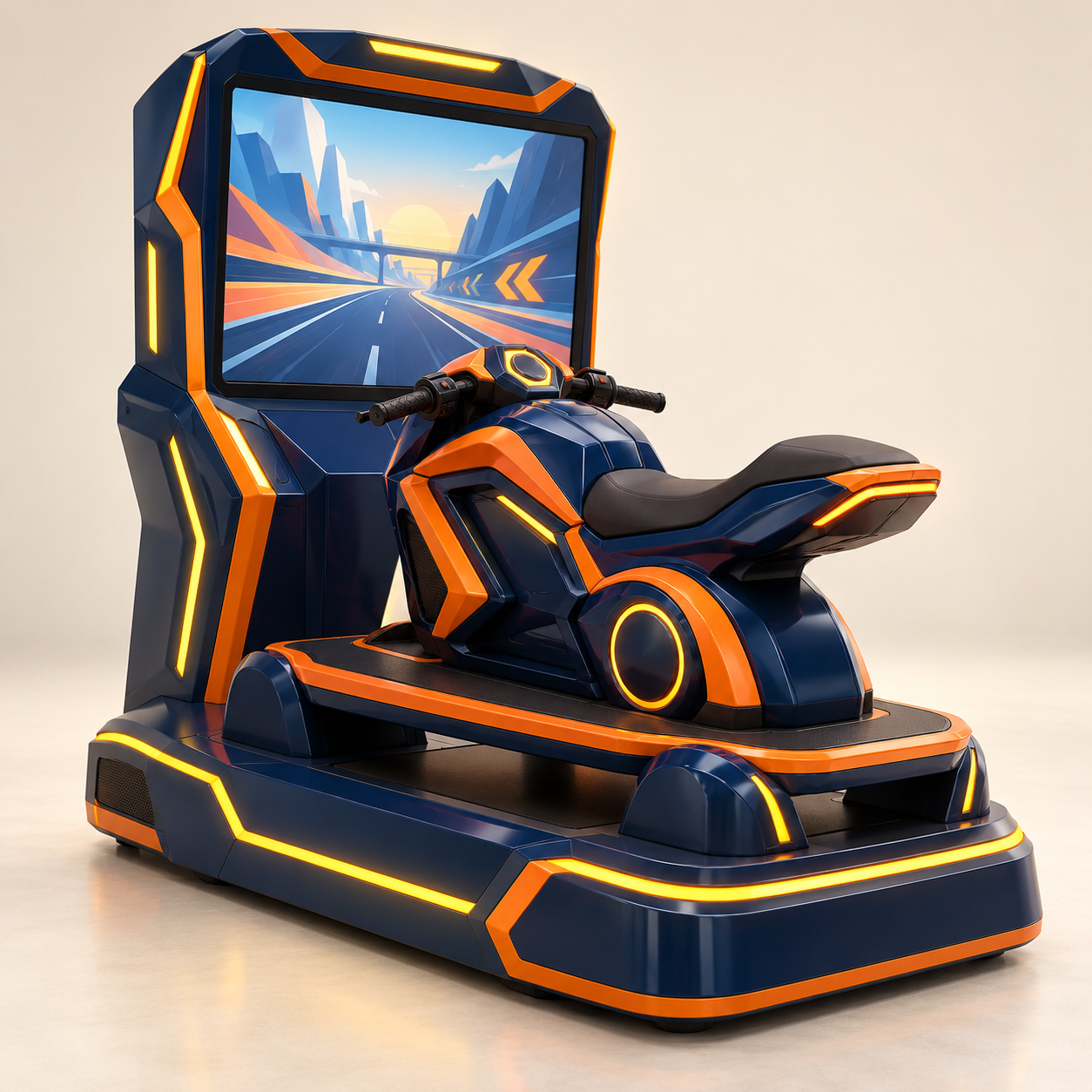 AI-generated illustration of an unoccupied navy and orange motorcycle-style arcade station on a raised platform concept with one display. Not an actual product or validated motion design.