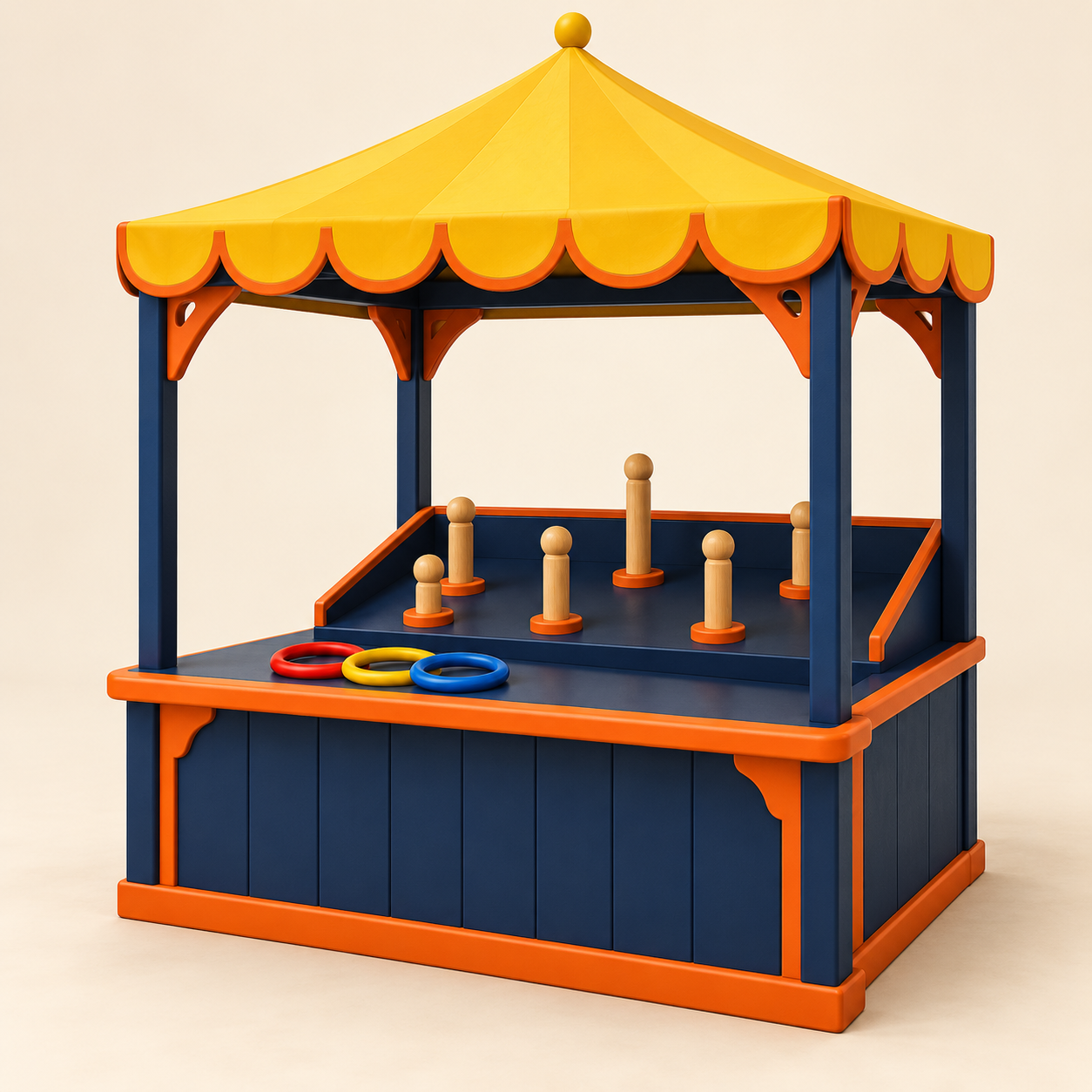 AI-generated illustration of a generic ring-toss carnival stall layout. Generic concept, not an exact product; no people depicted.