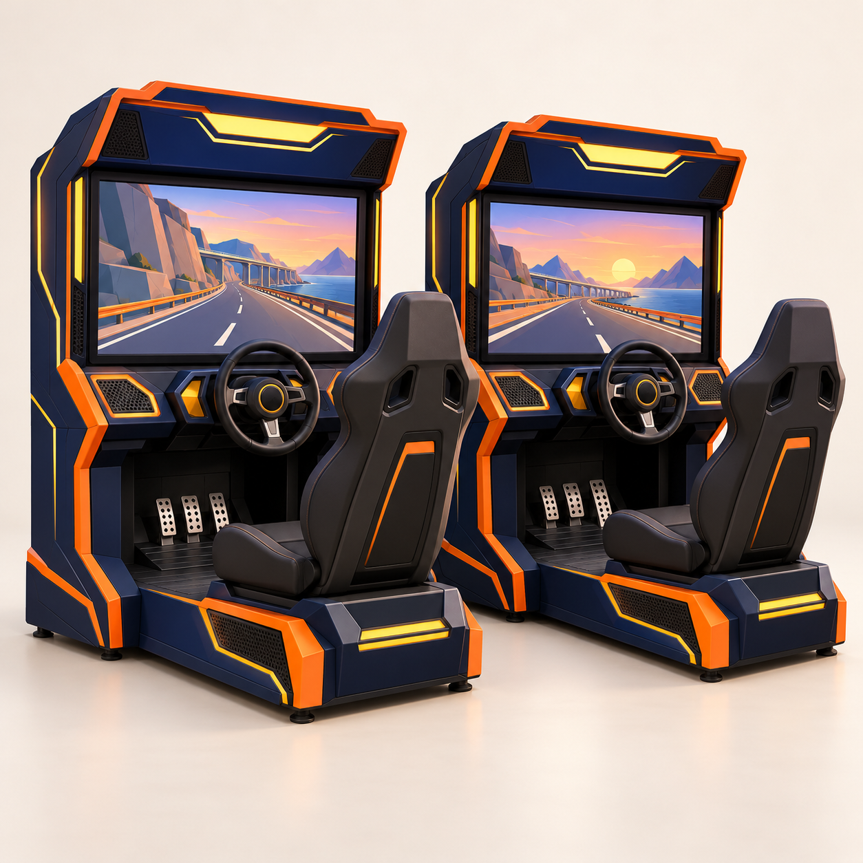AI-generated illustration of two unoccupied driving cabinets side by side. Illustrative paired layout, not confirmed multiplayer compatibility or motion capability.