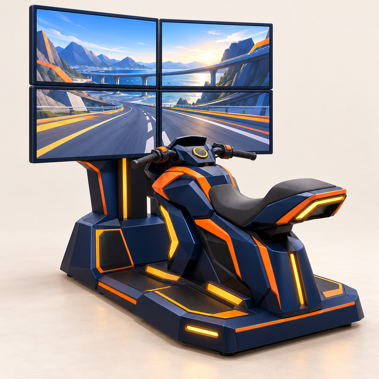 AI-generated navy and orange motorcycle-style arcade concept facing four displays in a two-by-two layout. No rider; illustrative layout, not an exact product model.