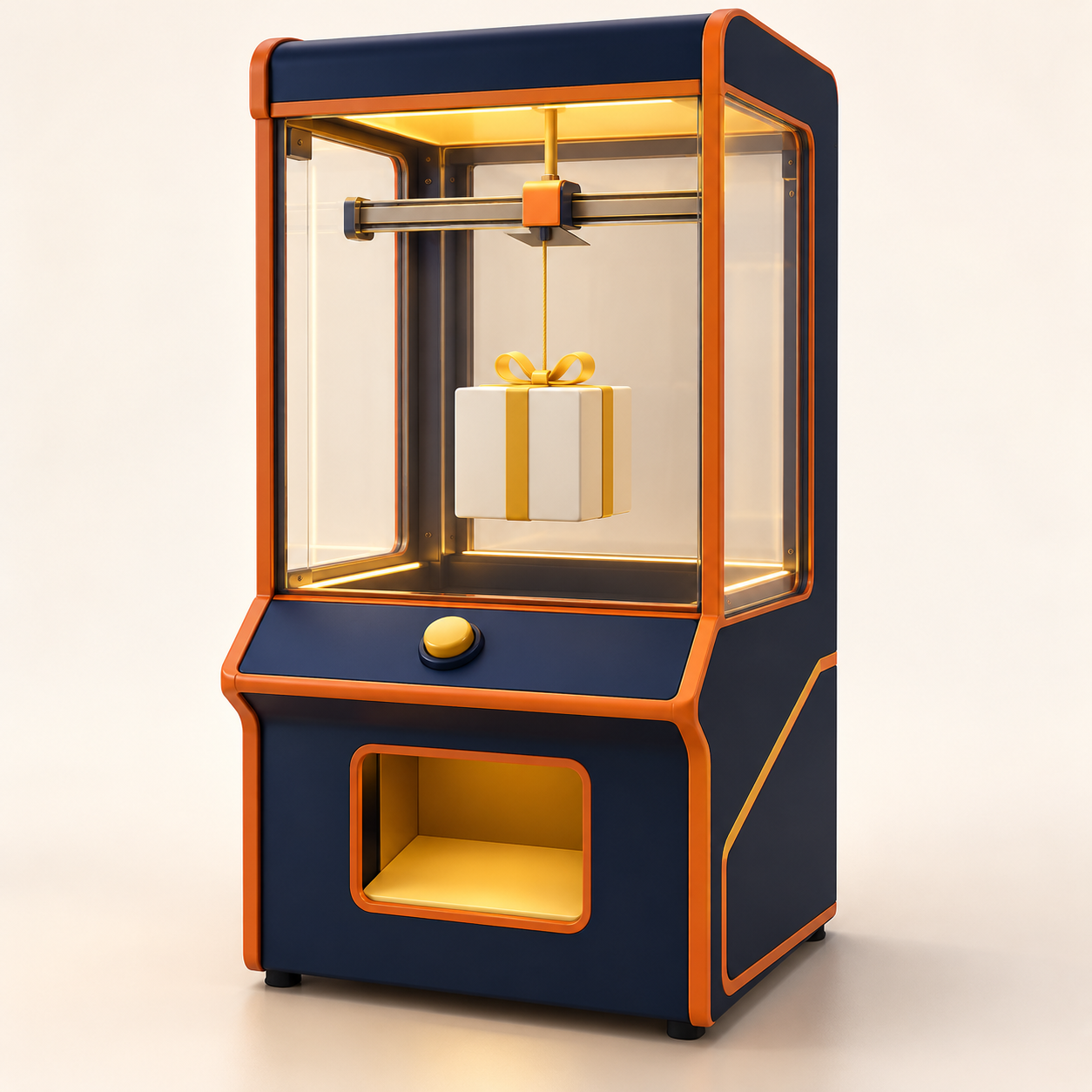 AI-generated illustration of a navy and orange cut-string prize cabinet with a suspended gift box. Generic concept, not an exact product model.