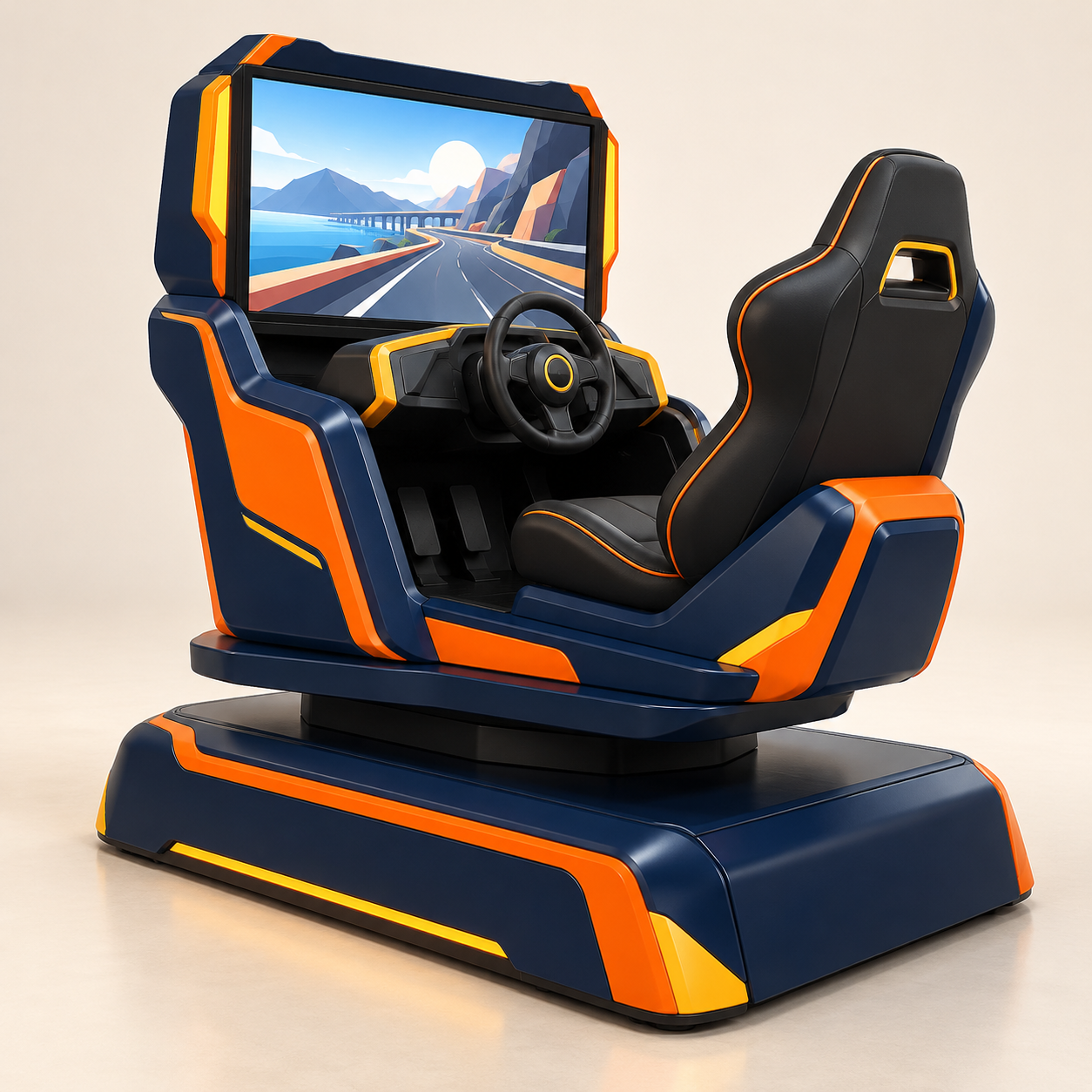 AI-generated illustration of an unoccupied navy and orange driving station on a concept platform. Shared illustrative layout, not a real model or validated motion mechanism.