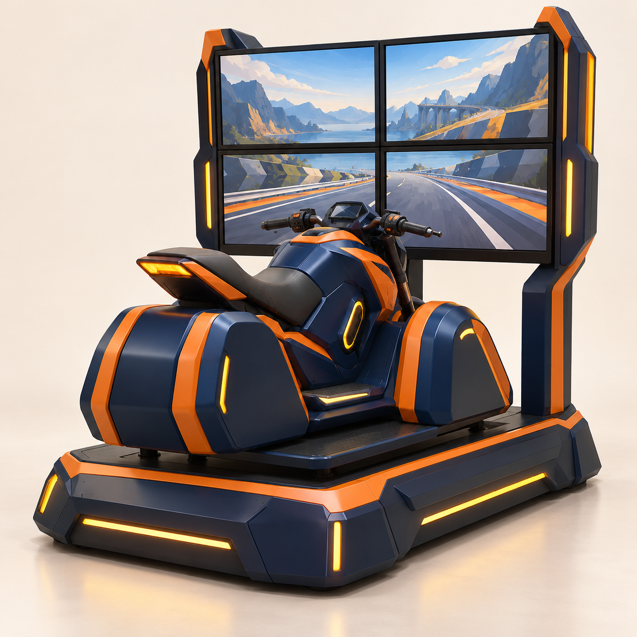 AI-generated illustration of an unoccupied multi-display motorcycle movement-layout concept. Generic concept, not an exact product.