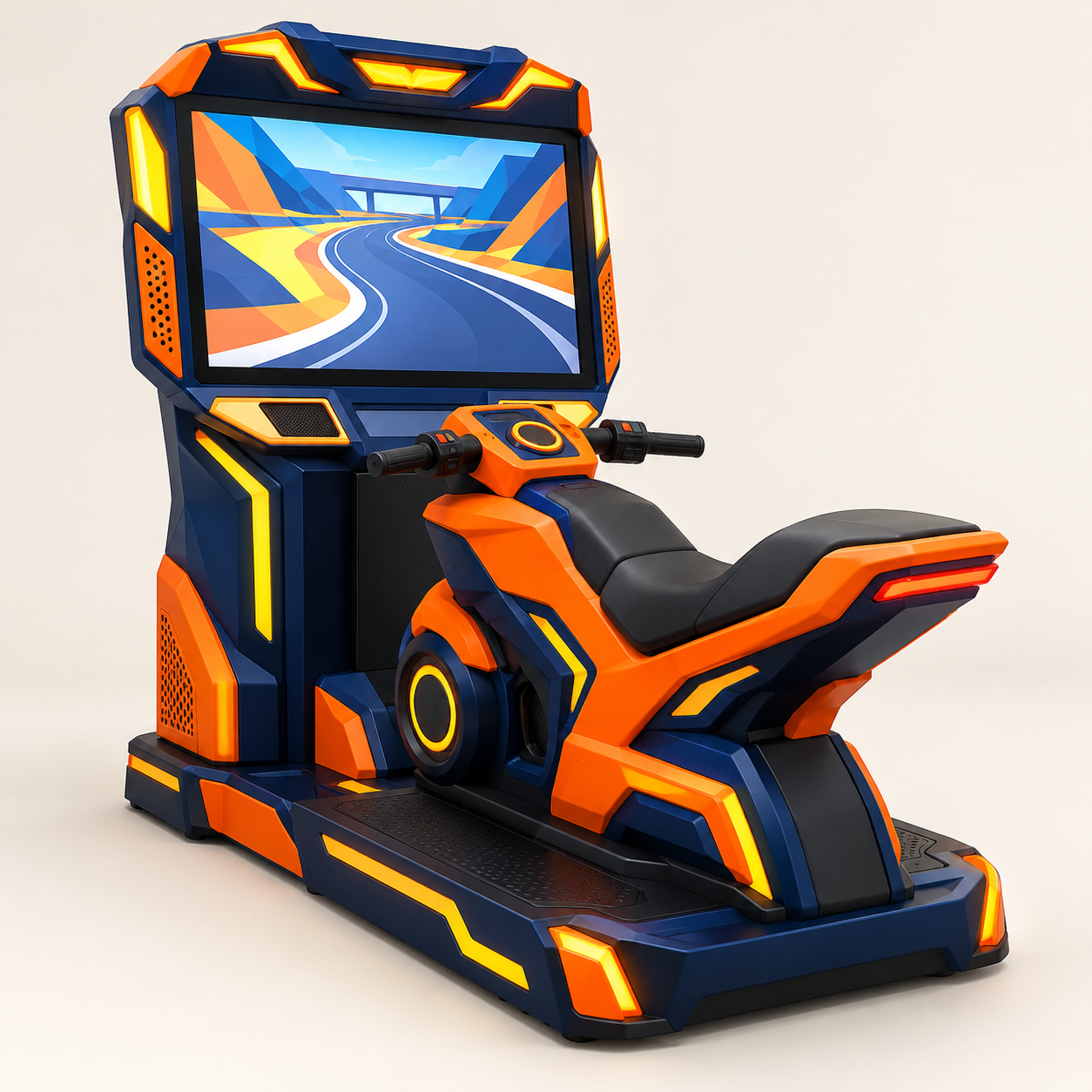 AI-generated generic motorcycle-style arcade station in navy and orange. Shared family illustration, not an exact model or performance representation.