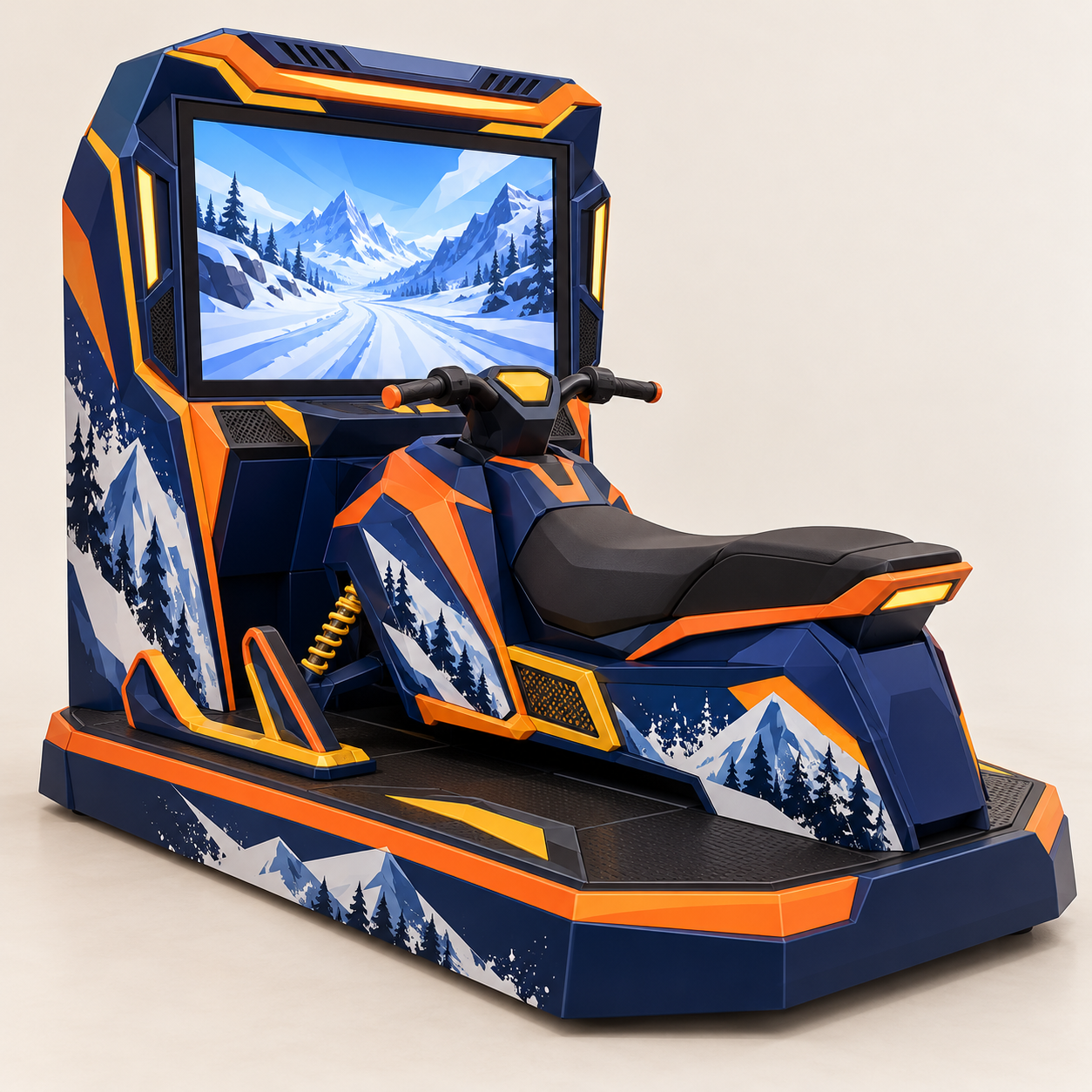 AI-generated illustration of an unoccupied snow-themed arcade layout. Generic concept, not an exact product.