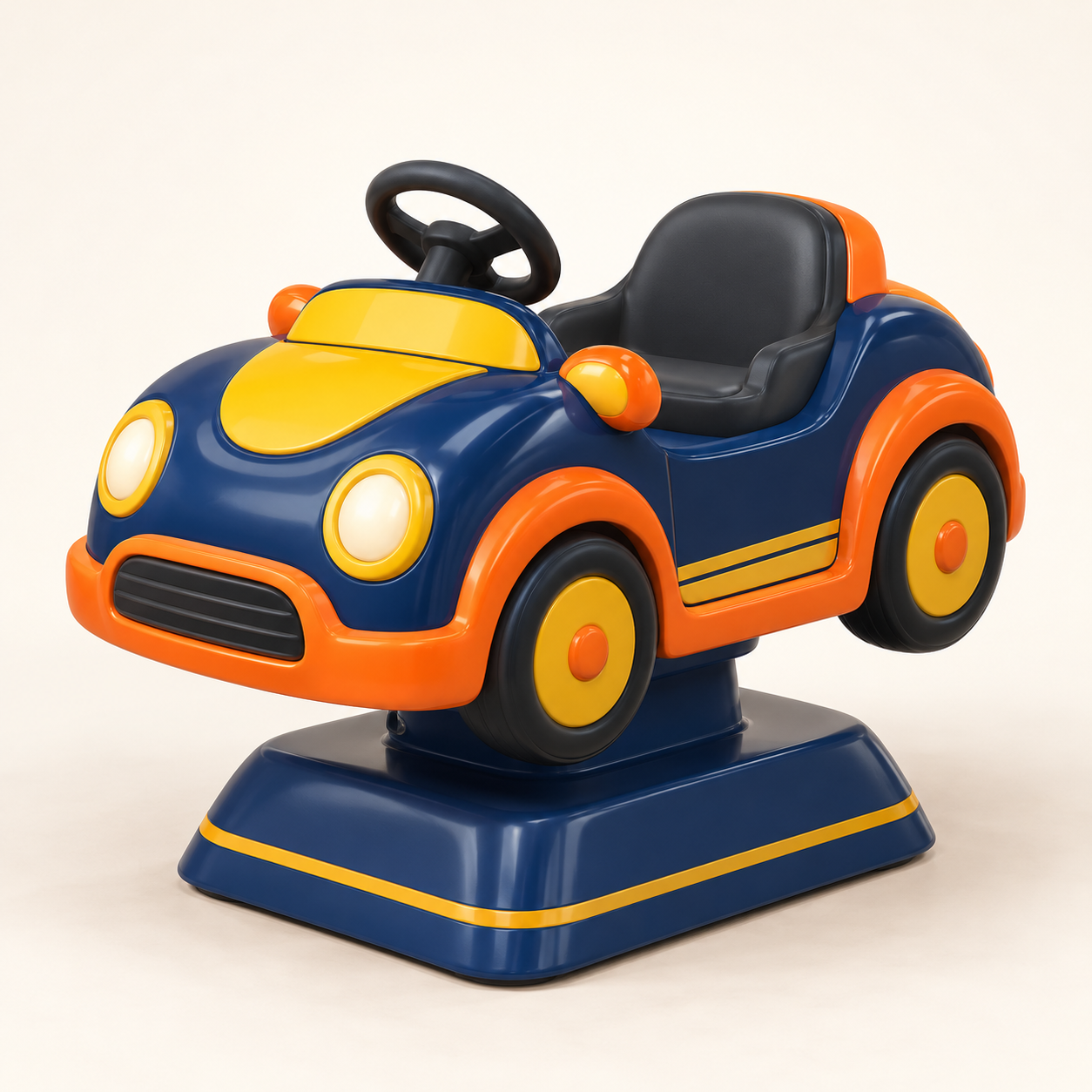 AI-generated illustration of a unoccupied ride-on vehicle concept on a pedestal. Generic concept, not an exact product; no people depicted.